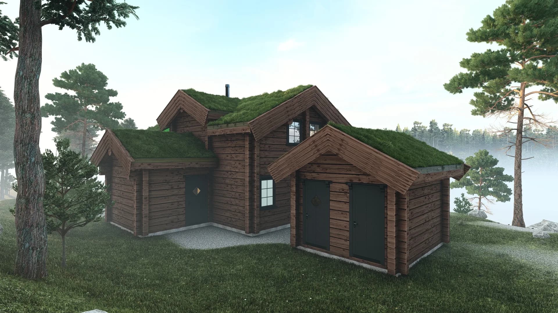 Vemdalen med extern bastu och förrådsbyggnad, vy från entré