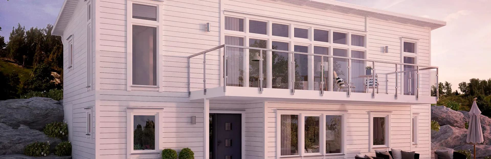 Bokenås är ett funkishus för smala och branta tomte med bredsidan mot utsikt och sol med en väl tilltagen altan.