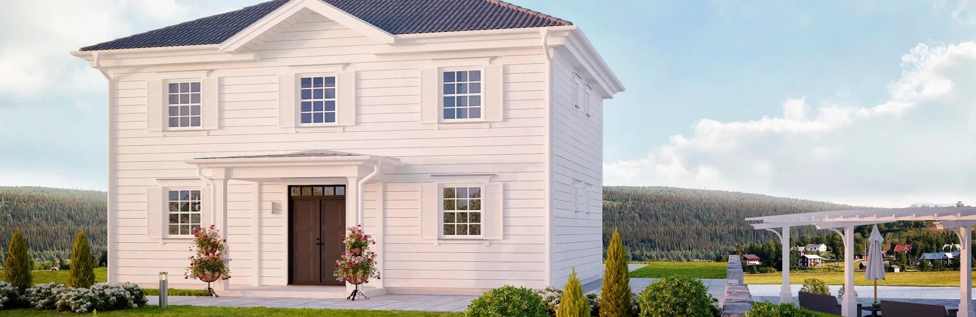 Tvåplanshus i New Englandstil med halvöppen planlösning.