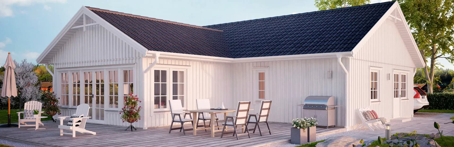 Sjögläntan är ett 1-planshus från Mjöäcksvillan i vinkel med all bekvämlighet på ett plan.