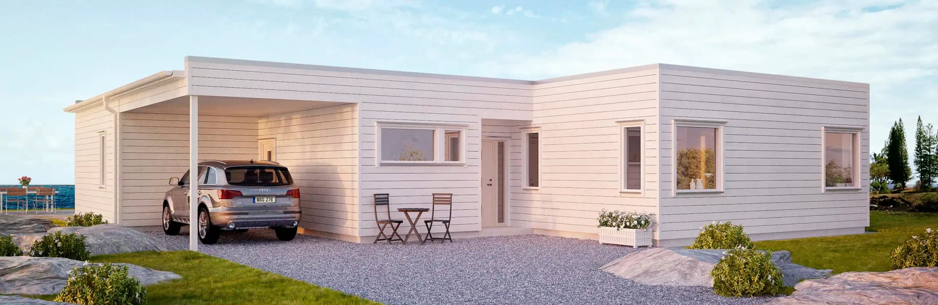 Sjövalla är ett yteffektivt 1-plans funkishus från Möjöbäcksvillan som innehåller allt som en stor barnfamilj önskar sig.