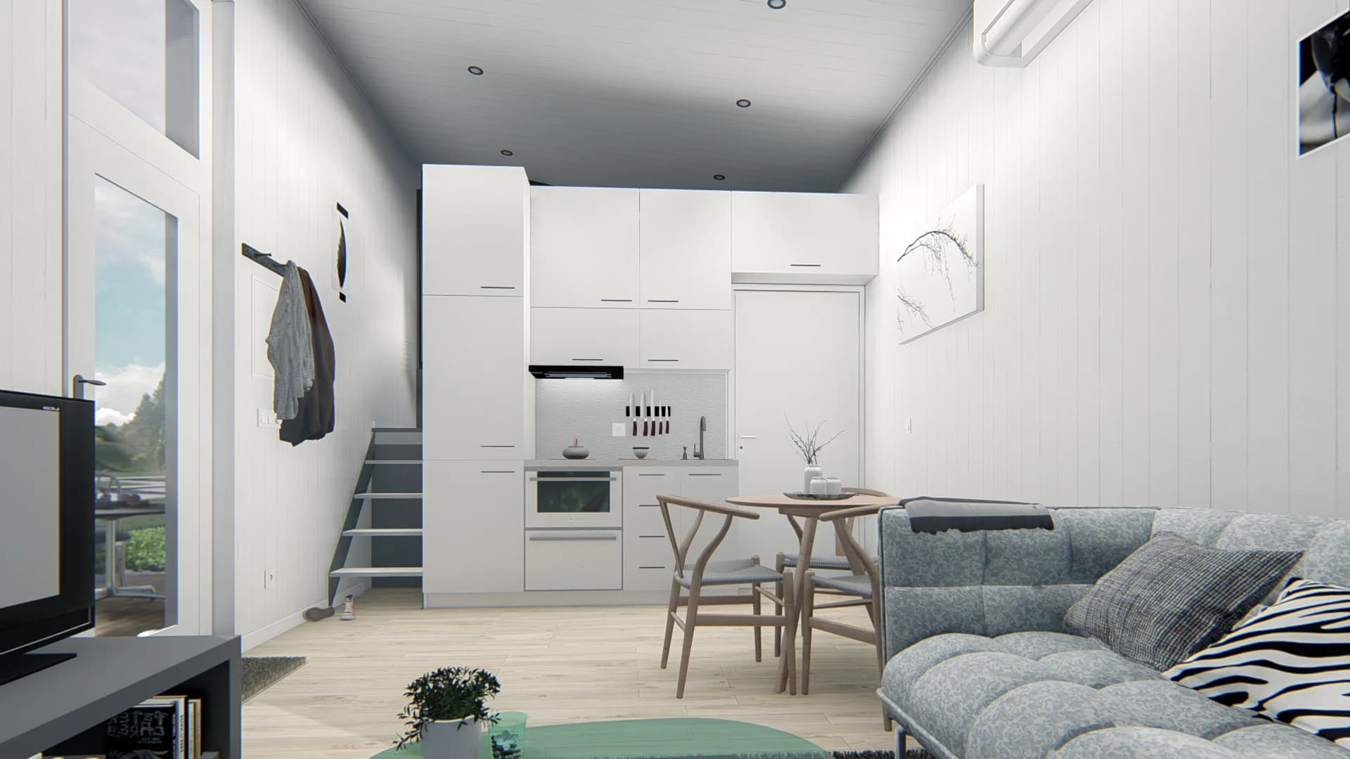 Stora rummet med plats för bäddsoffa, tv-hörna och extra stort kök.