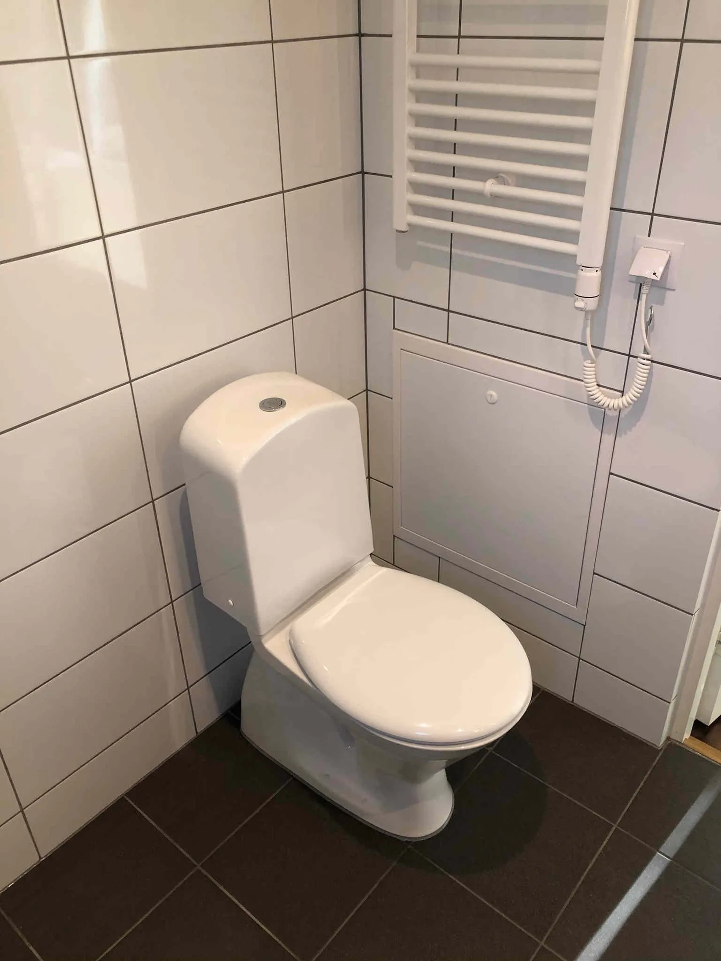 Badrum med plats för tvättmaskin, dusch, toalett, handfat och förvaring.