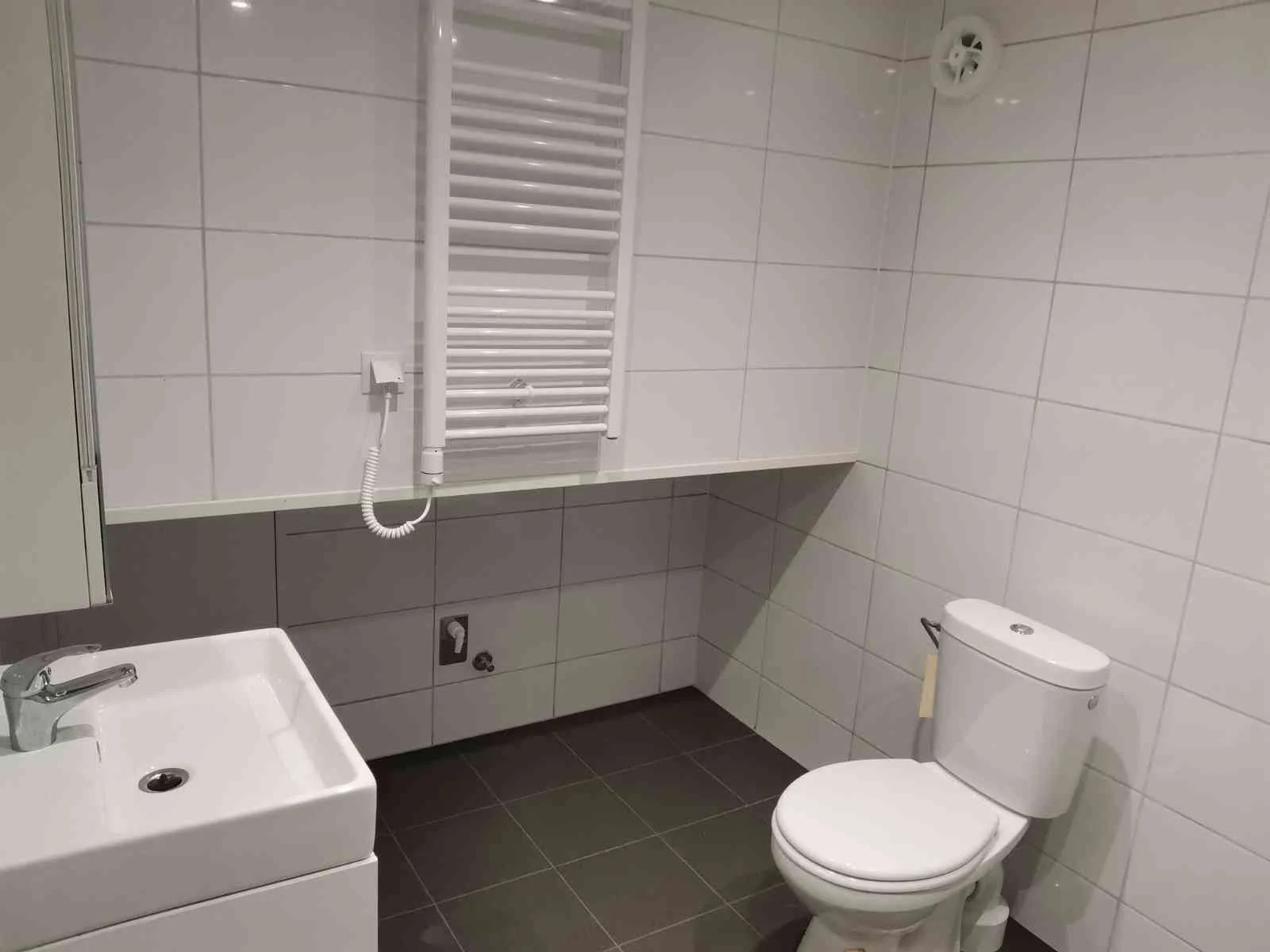 Badrum med plats för tvättmaskin, dusch, toalett, handfat och förvaring.
