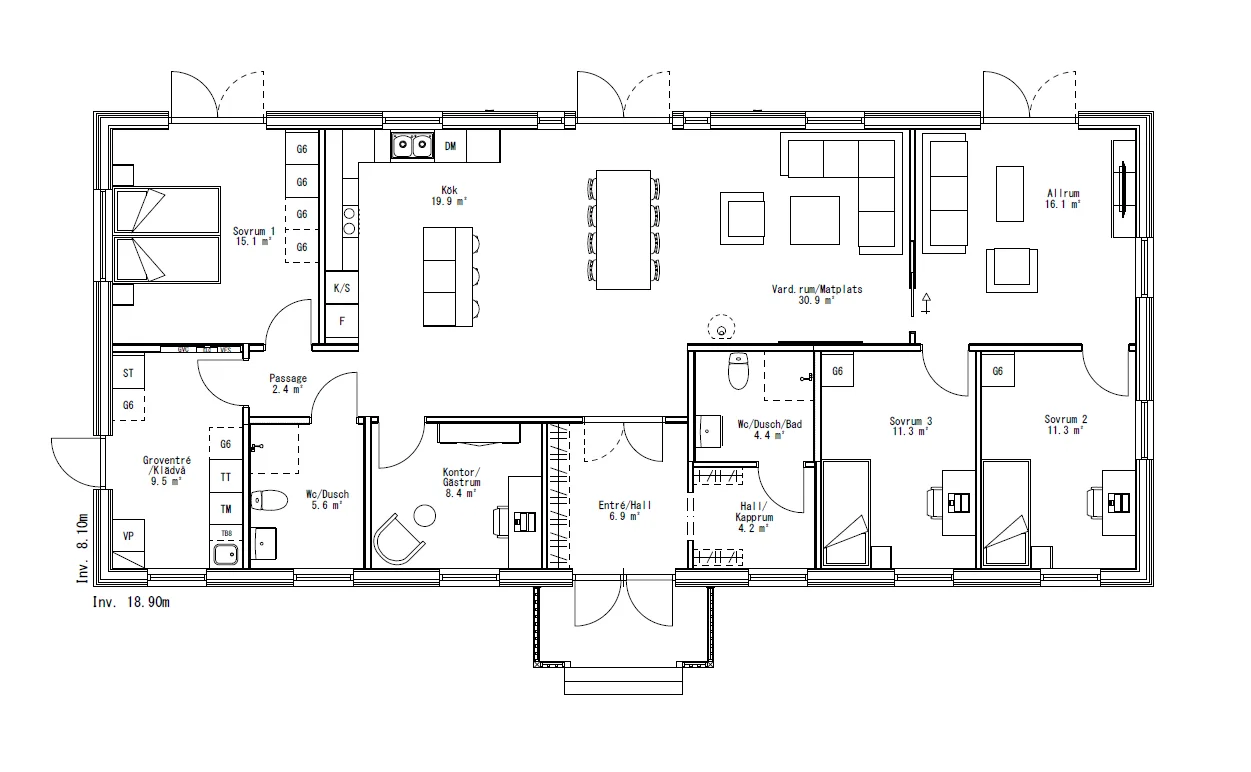 Villa Svanö Enplan planritning 1