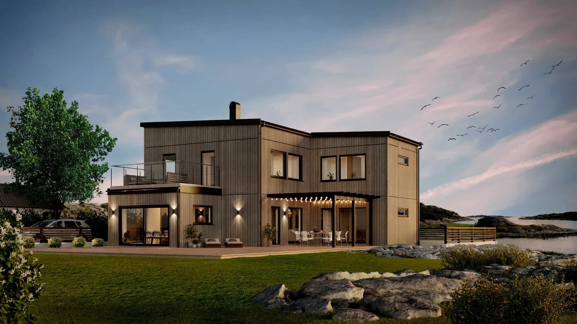 trivselhus villa malevik exteriör skymning 3D