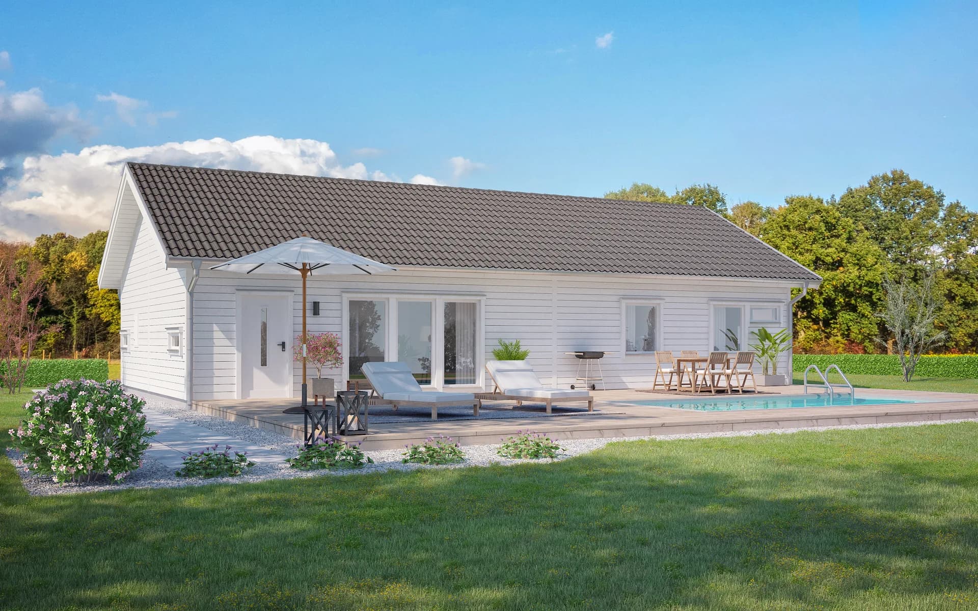 Villa Borgholm baksida enplanshus med vitfasad