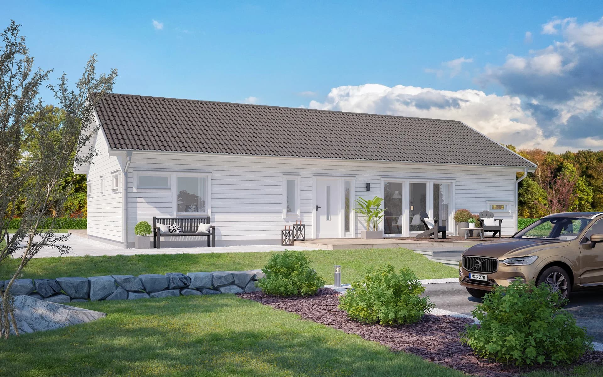 Villa Borgholm framsida enplanshus med vitpanel