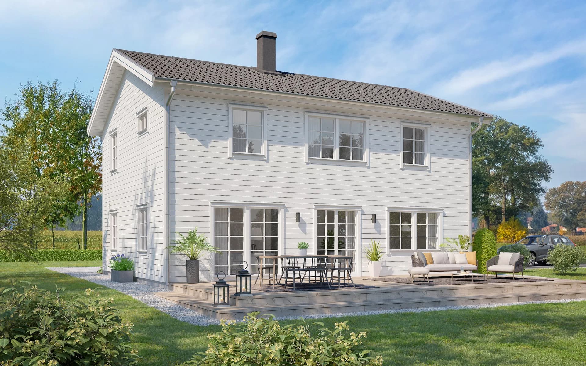 villa grimsholm tvåplanshus med sadeltak och vit panel