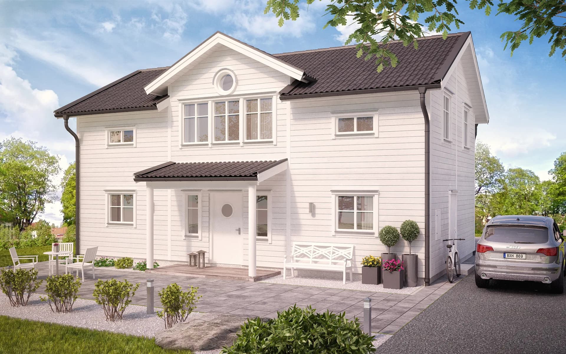 villa grindstorp tvåplanhus med förhöjtväggliv träpanel entrésida