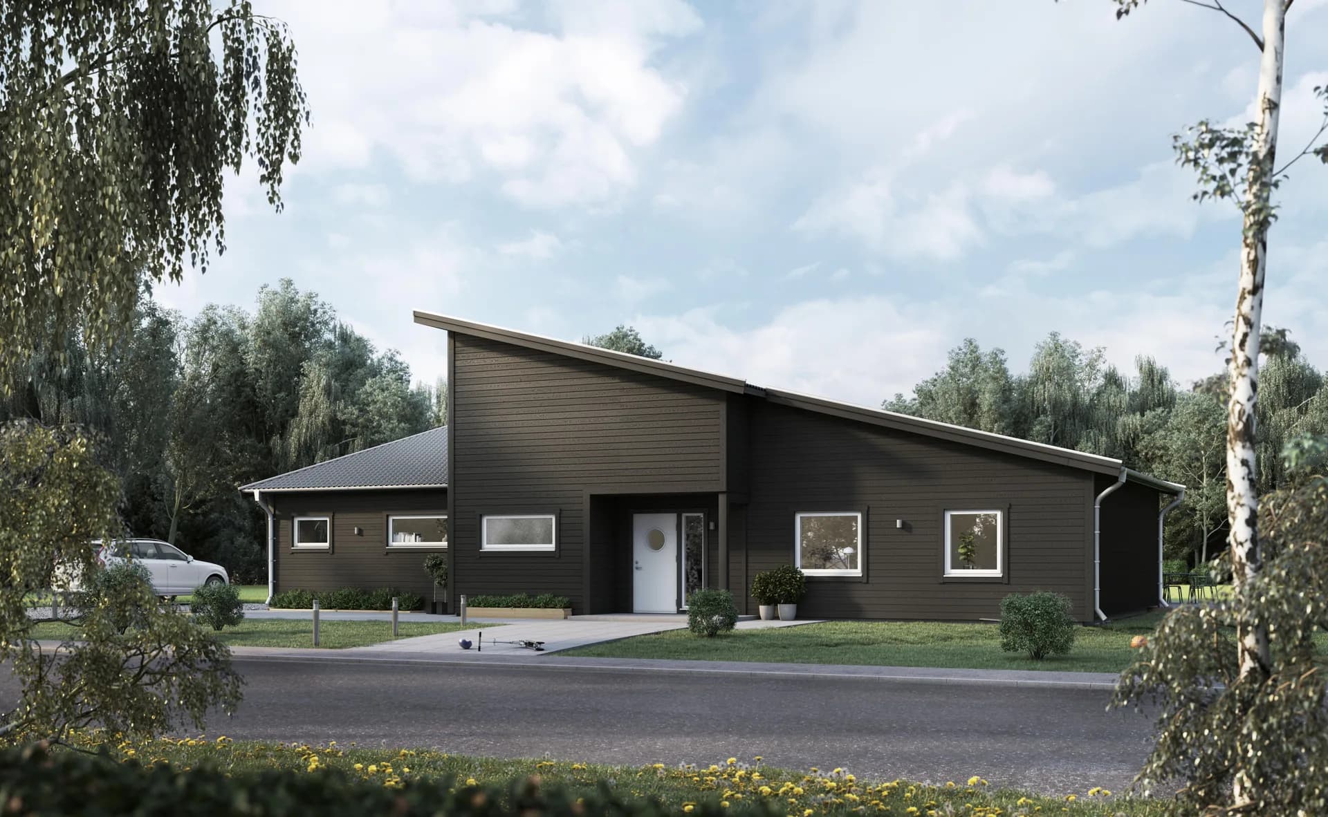 Villa Kämpinge enplanshus med åstak och träpanel,