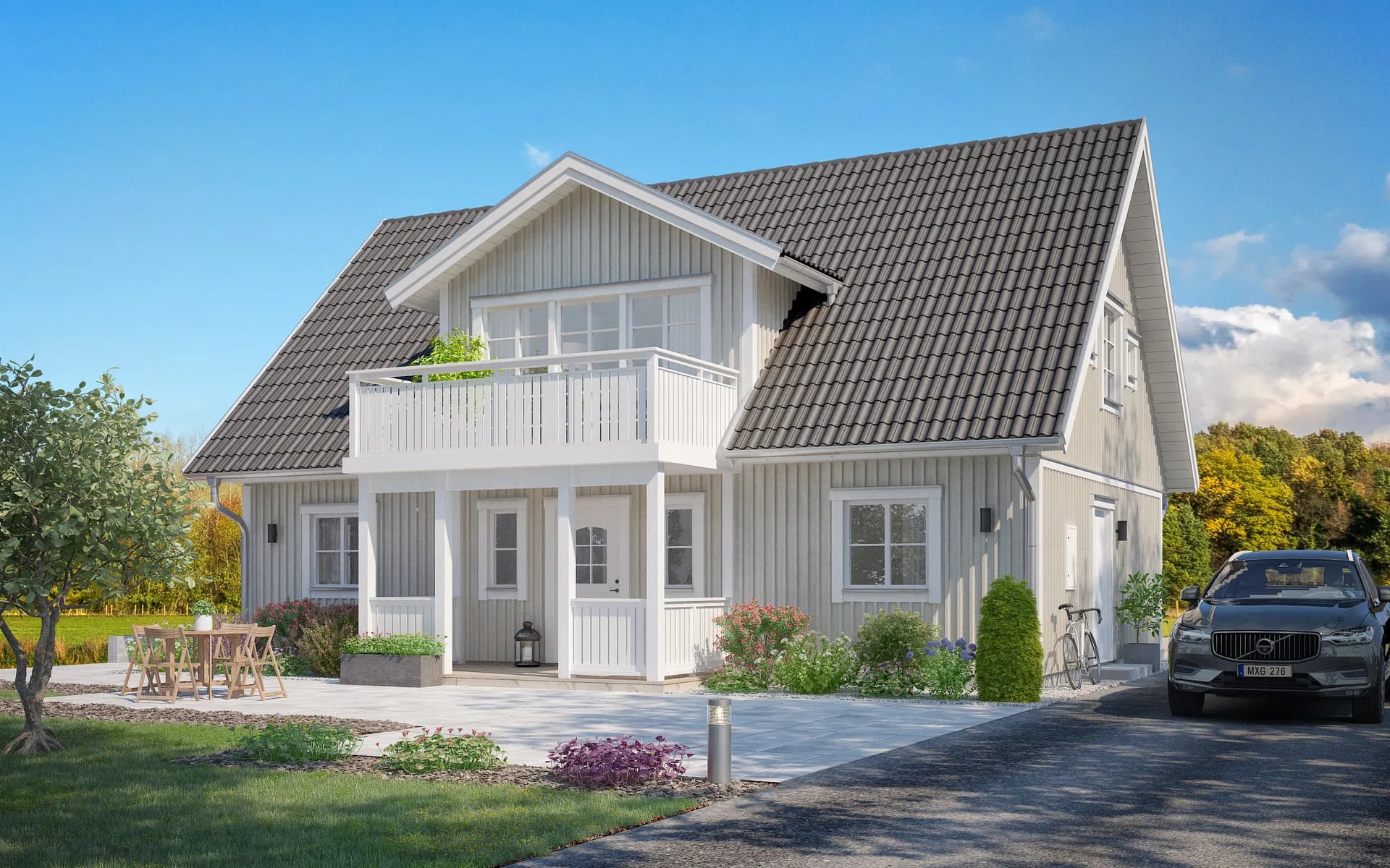Villa Näset framsida 1.5-planshus med träpanel, sadeltak, takkupa och veranda