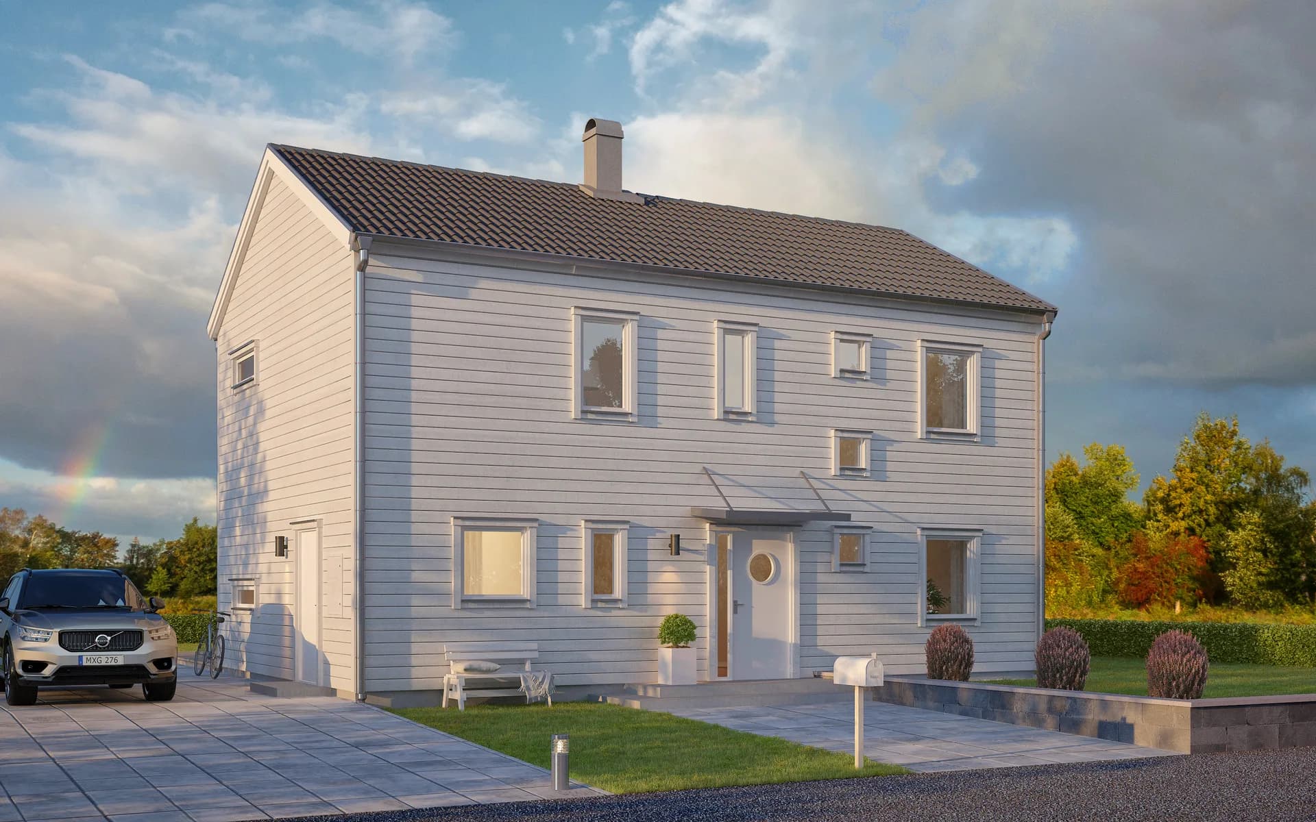 Optima 6 entrésida tvåplanshus med träpanel och entrétak