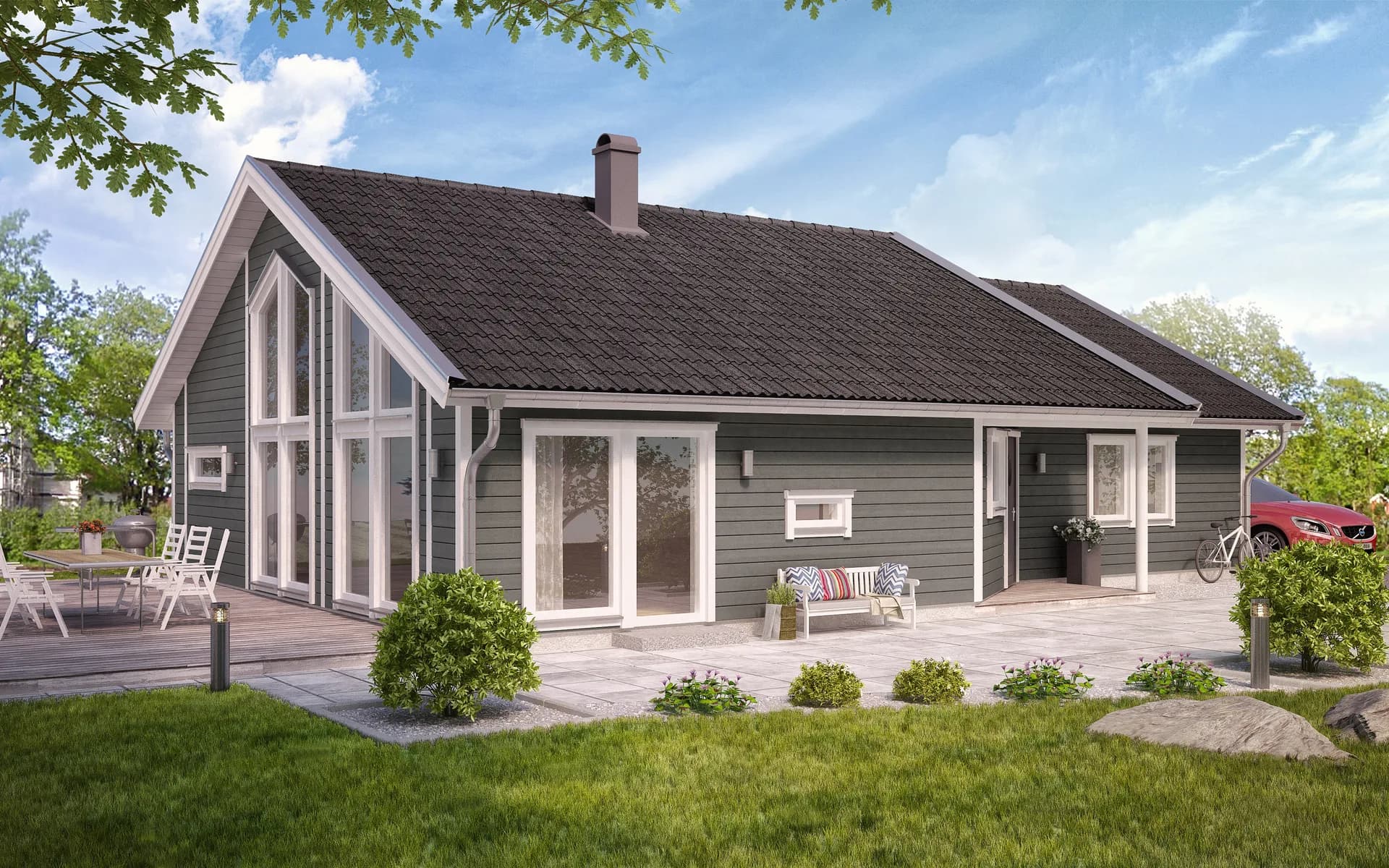 Villa Sikanäs enplanshus med sadeltak och träpanel