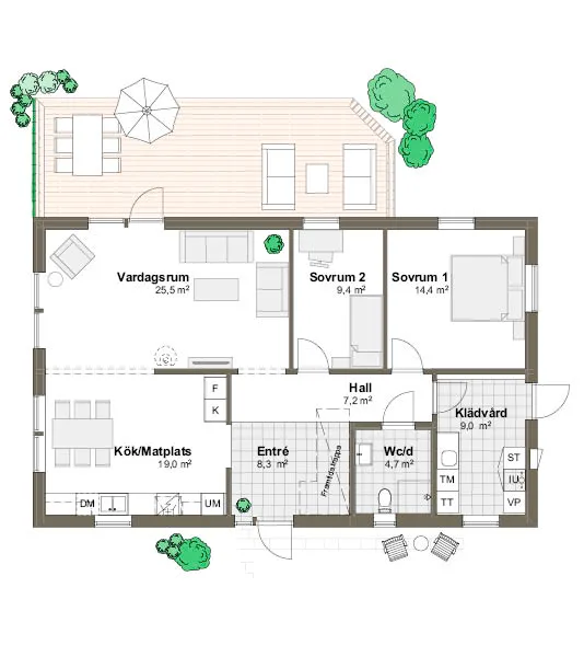 Planlösning Villa Ängaviken 2M/T spegelvänt