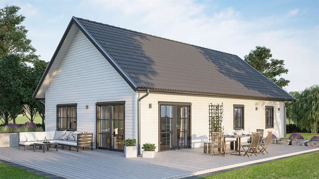 Visualisering av Vitt enplanshus med svarta spröjsade fönster i traditionell stil