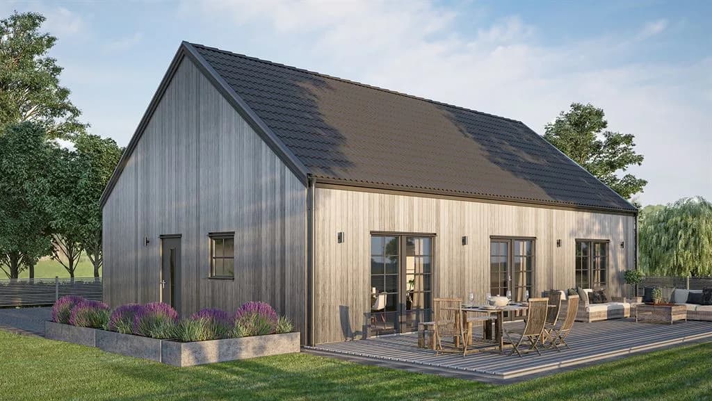 Visualisering av laserat enplanshus med svarta spröjsade fönster i modern stil