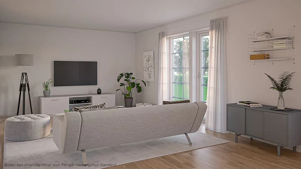 Visualisering av vardagsrummet i Villa Ängaviken