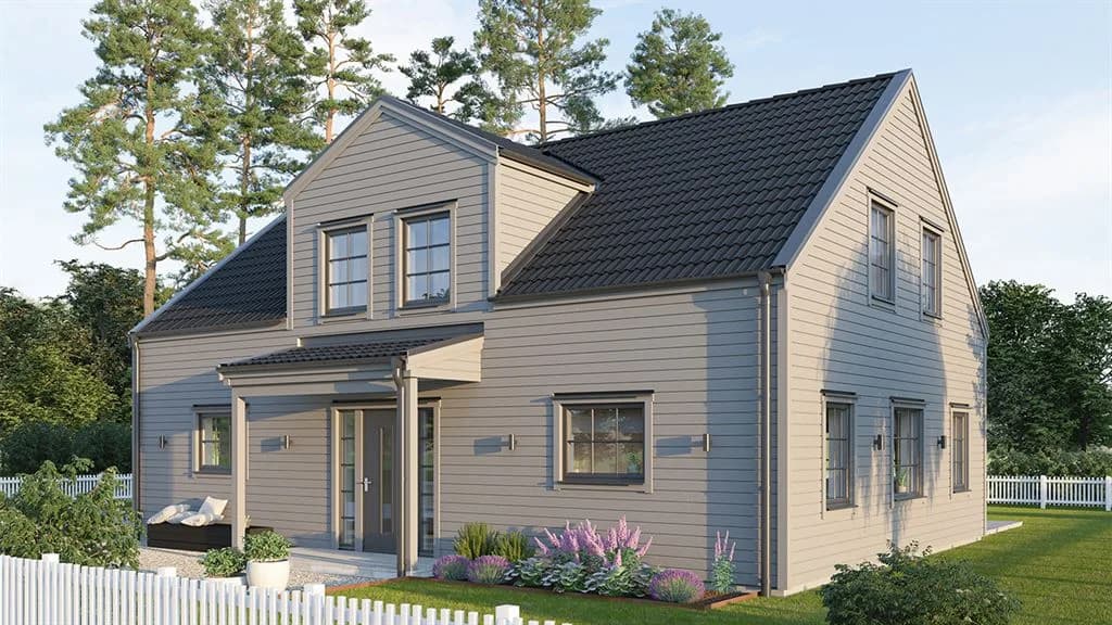 Visualisering av Villa Årnäs Morden en och en halv planshus med takkupa