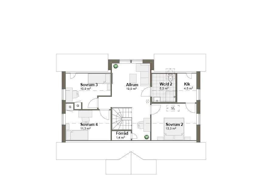 Planlösning Villa Årnäs T övreplan spegelvänt