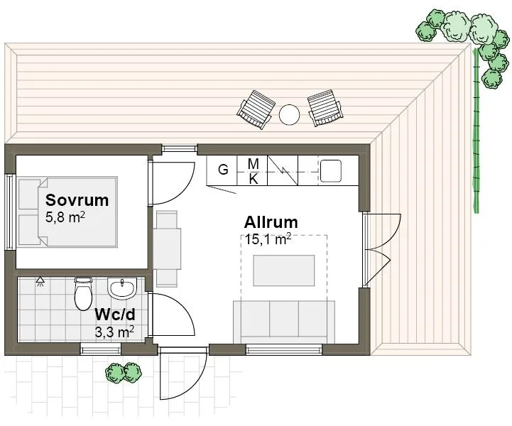 Planlösning spegelvänd attefallshus Sommarö