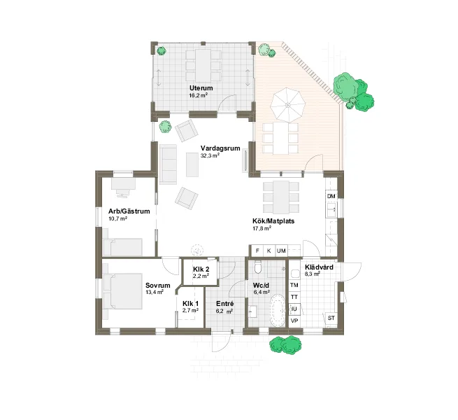 Planlösning med uterum spegelvänd Villa Balgö