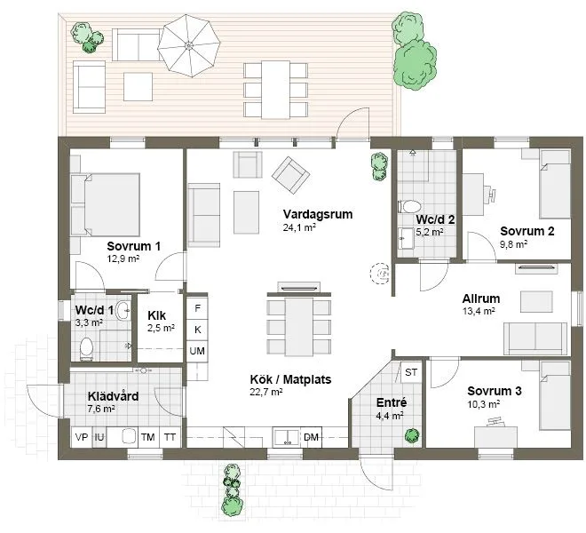 Planlösning T spegelvänt Villa Ekeskär