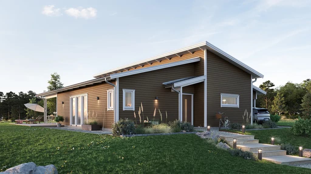 Visualisering av brunt enplanshus i lösvirke i modern stil