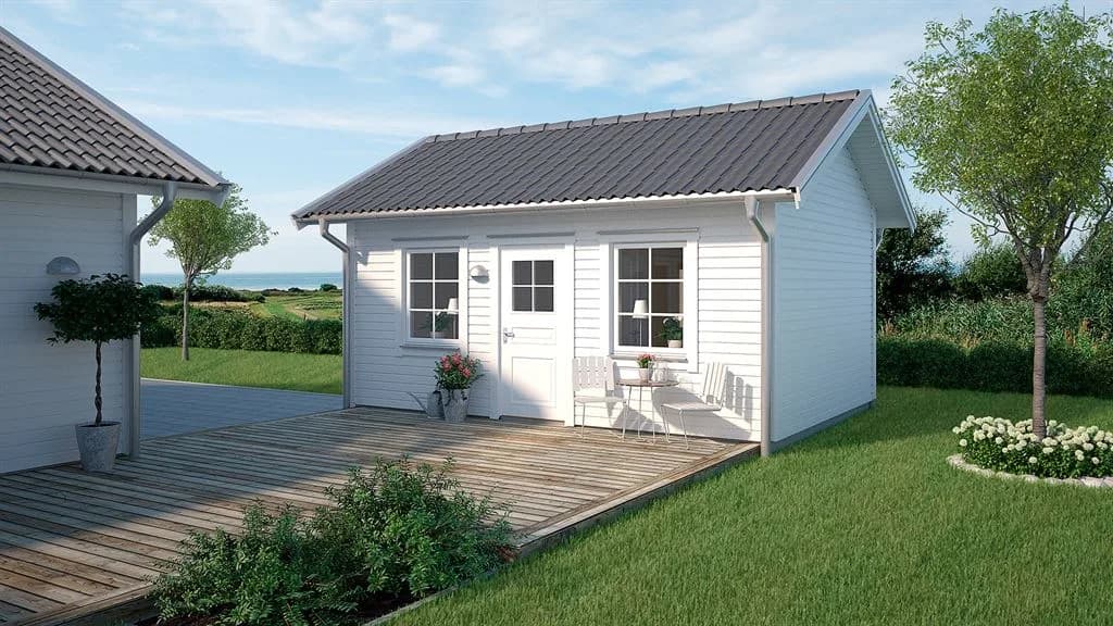 Visualisering av Vitt attefallshus i klassisk stil