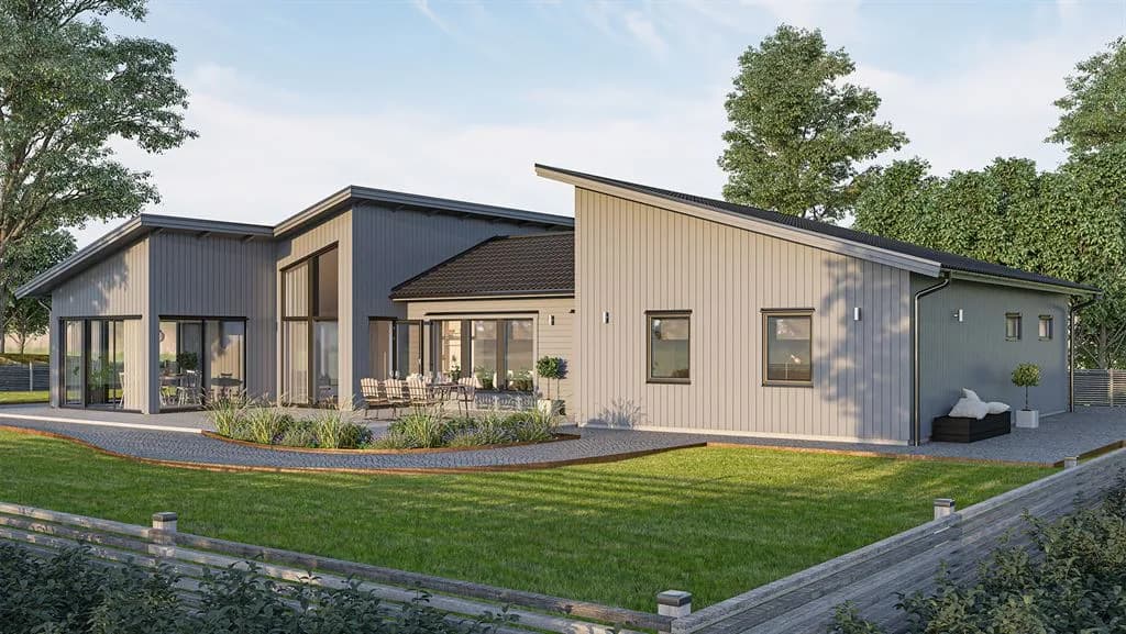 Visualisering av grått h-format hus i modern stil