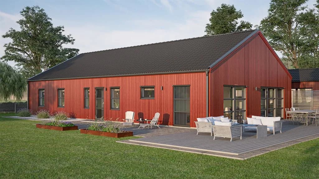 Visualisering av rött enplanshus med indragen takfot, en modern stil