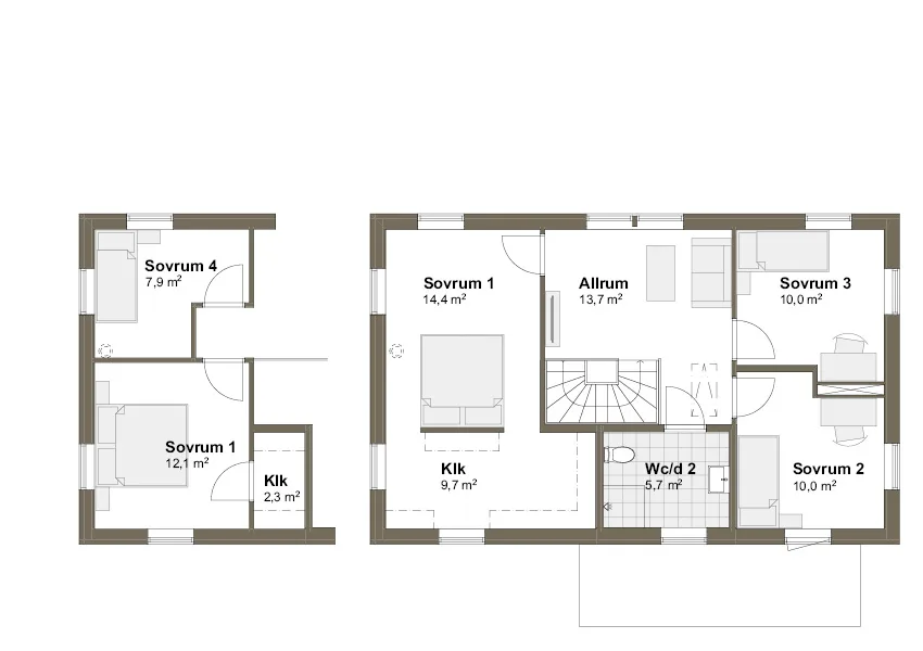 Planlösning Villa Malö T övre plan spegelvänd