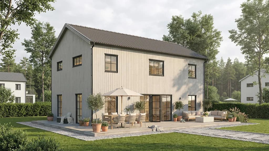 Visualisering av grått 2-planshus i lösvirke i modern stil