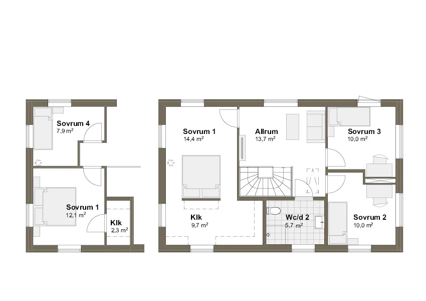 Planlösning Villa Malö M Övre plan spegelvänd