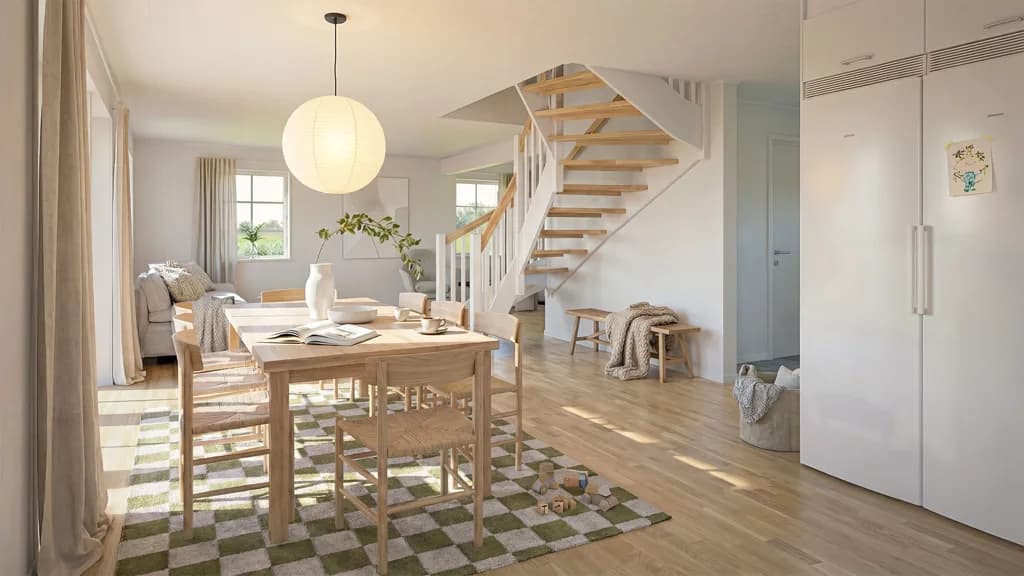 Interiör visualisering av ett tvåplanshus i lösvirke