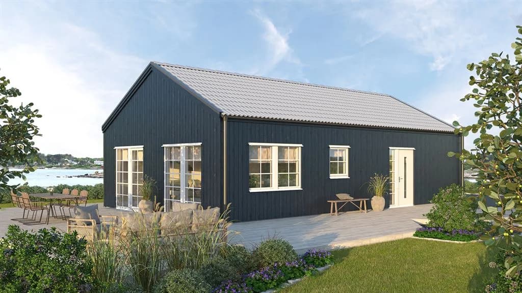 Visualisering av svart fritidshus i lösvirke med indragen takfot