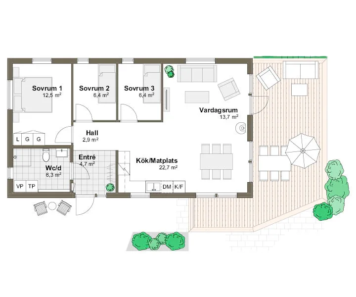 Planlösning M spegelvänd Villa Mölle