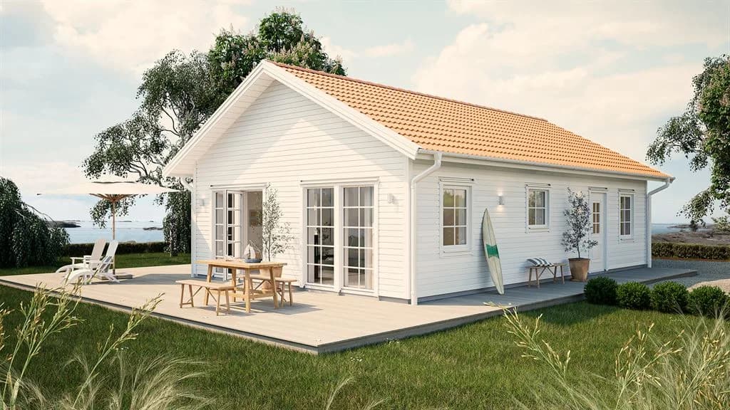 Visualisering av vitt fritidshus i lösvirke i klassisk stil
