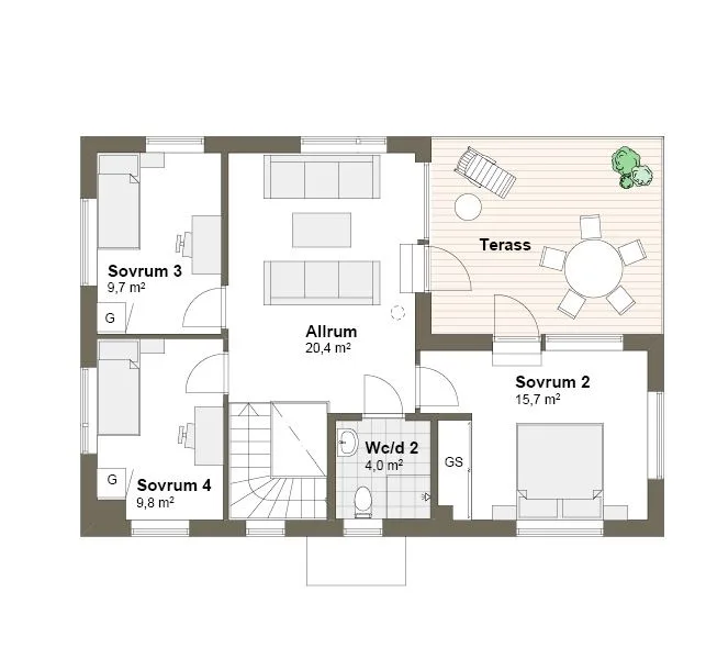 Planlösning övre plan spegelvänd villa Nääs