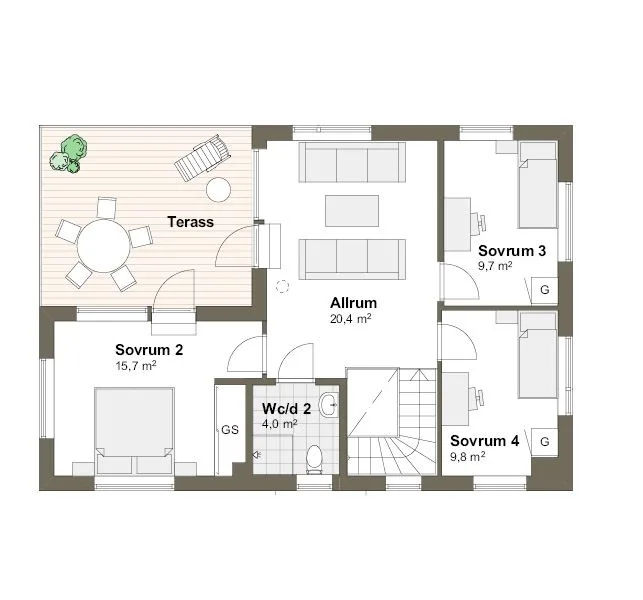 Planlösning övre plan villa Nääs