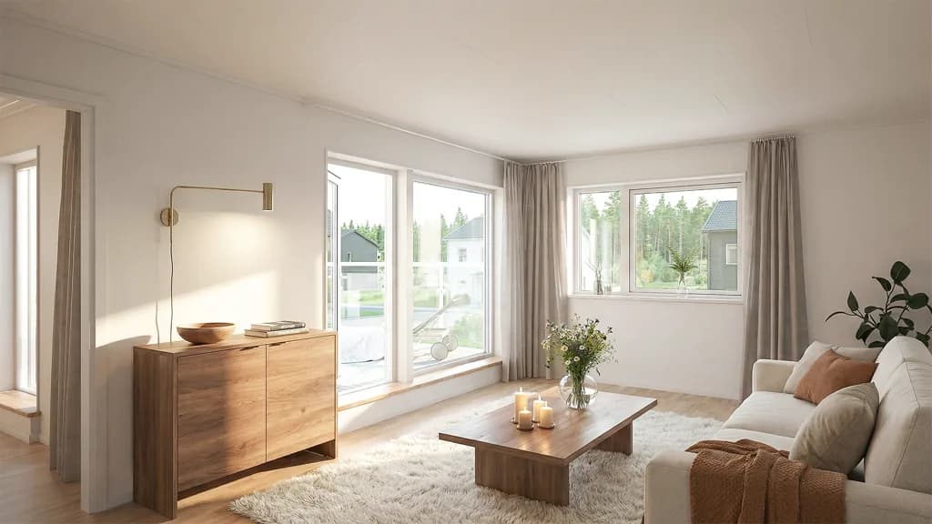 Visualisering av interiören av ett svart tvåplanshus i lösvirke i modern stil