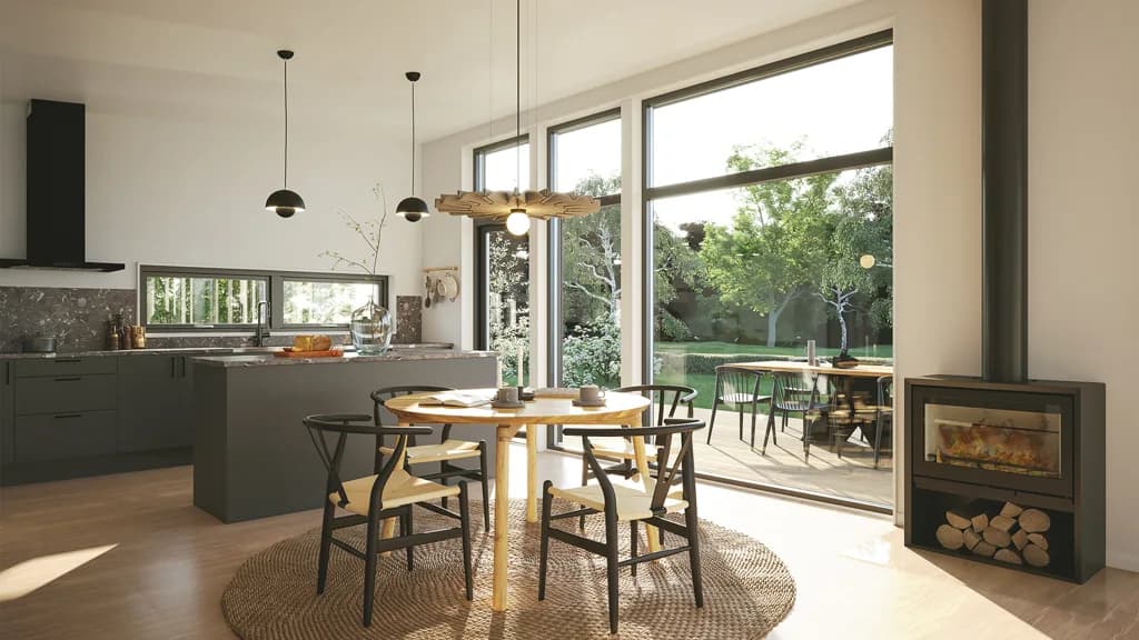 Visualisering av kök och matplats i Fritidshus Rammsjö