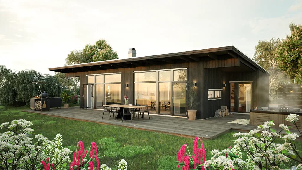 Visualisering av ett modert 1-planhus med stora fönster