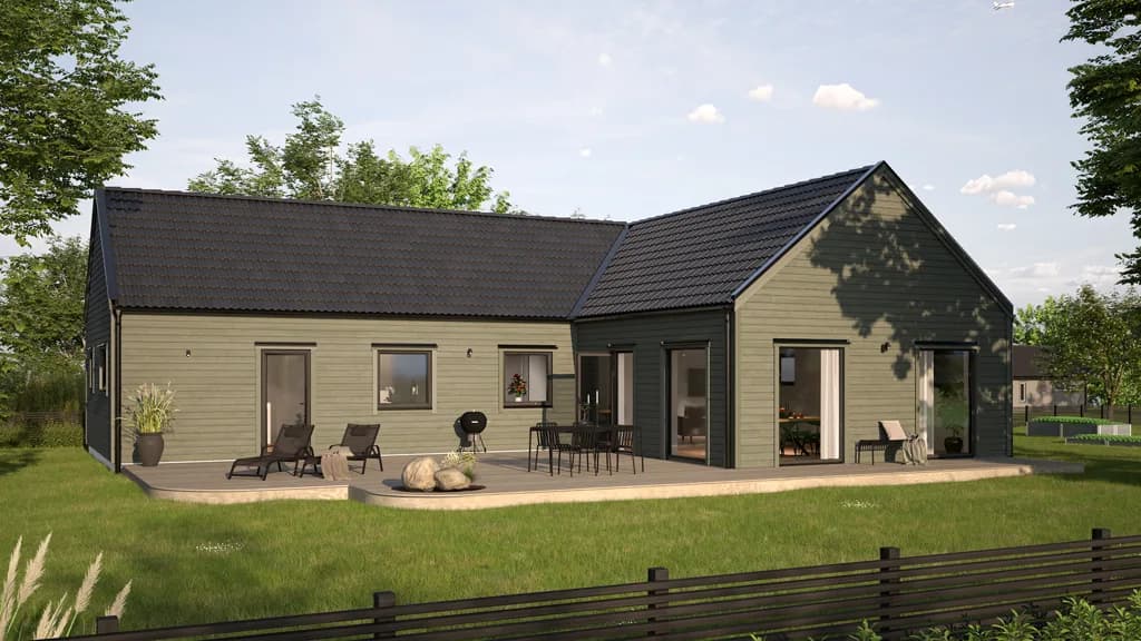 Visualisering av grönt enplanshus i vinkel i modern stil