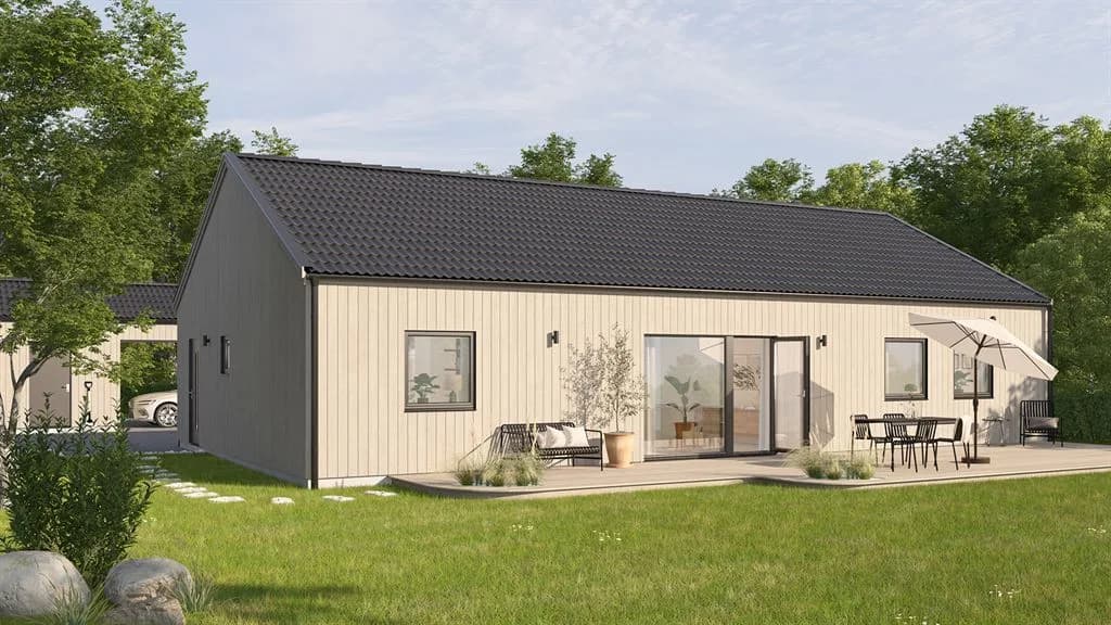 Visualisering av svart enplanshus med svart tak i modern stil