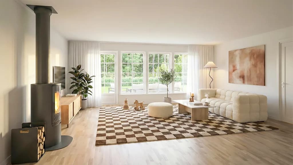 Interiör visualisering av ett enplanshus i lösvirke