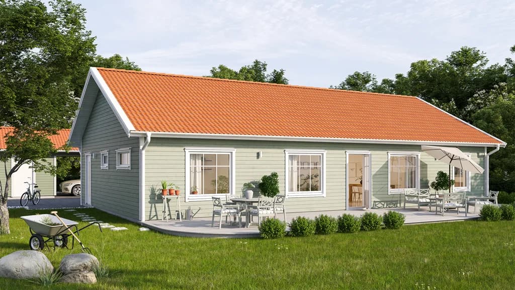 Visualisering av ett ljusgrönt enplanshus med orange tak och spröjsade fönster