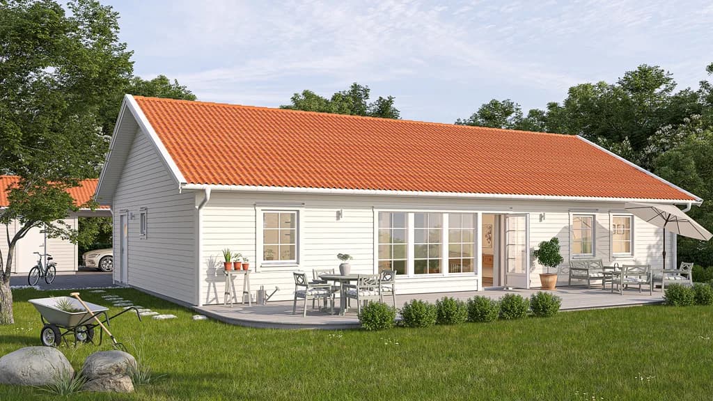 Visualisering av Vitt enplanshus med spröjs i klassisk stil