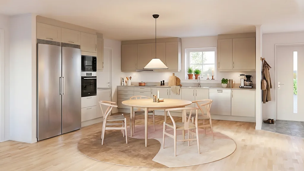 Interiör visualisering av ett enplanshus i lösvirke