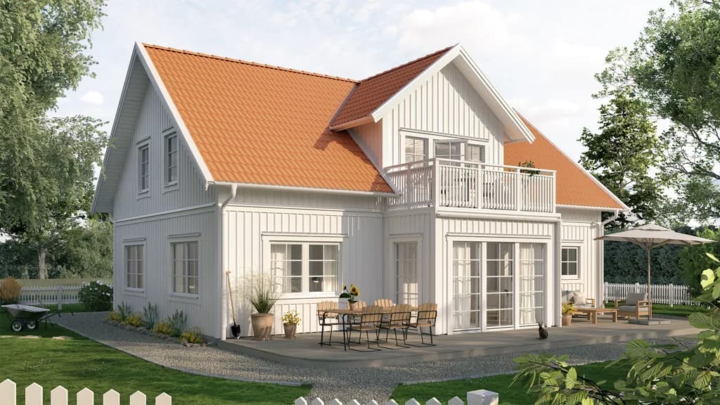 Visualisering av vitt 1,5-planshus i lösvirke i klassisk stil,